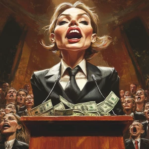 A woman in a business suit, with an exaggeratedly large mouth, s...