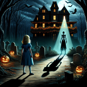 Under the pitch-black night sky, Alice in Wonderland stands alon...