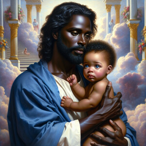 Classical oil painting style depicting an African-American Jesus...