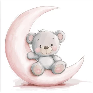 A cute, cartoon teddybear sits on a stylized, rosy-pink crescent moon. The teaddy bear is light gray with large, round, pink-spotted ears.  Its body is round and he has expressive eyes.  its facial expression is happy and friendly. The teddy bears legs and feet are visible, and its posture is relaxed, sitting, leaning into the moon. The moon is a soft, shaded pink, with watercolor-like texture and subtle shading. The background is white. The image is in a child-friendly style, showcasing delicate line work and color palettes. The composition is centered on the teddy bear which is positioned on the moon. The overall style is sweet, whimsical, and reminiscent of children's book illustrations.  The colors are pastel and soothing, creating a gentle atmosphere.