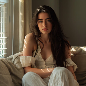 Fair-skinned woman with dark long hair, elegant and composed, si...