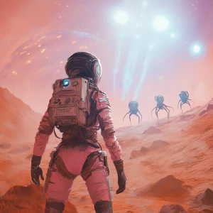 A lone female astronaut in a slightly damaged, high-tech pink sp...