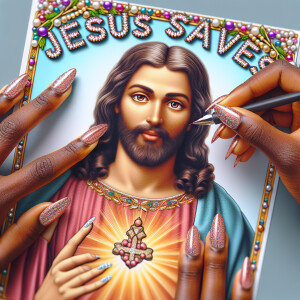 A 3D realistic artwork featuring the phrase 'Jesus Saves' adorne...