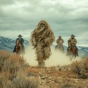 A humanoid looking hair covered sasquatch behind chased by 3 men...