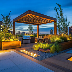 Create a blueprint for a contemporary rooftop garden that includ...