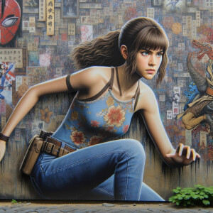 teenage girl, long brown hair and bangs, wearing tight skinny jeans and a halter top paint marks on her clothing, heroic pose Asian graffiti background, nearing on one knee