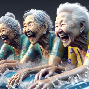 Three wrinkled older ladies and grey hair wearing swimsuits are...