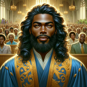 Illustrate an inspiring African-American Jesus crust with a dign...