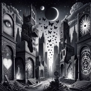 A surreal black-and-grey city at twilight, cracked and dreamlike...