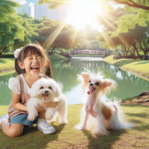 Create a little girl playing with her white with tan spots Malte...