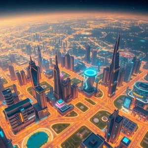 A digital computer simulation of a overview of a futuristic city