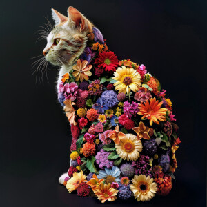 Imagine a cat with a body covered in a vibrant array of blooming...