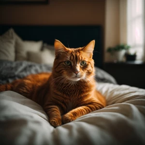 a cat sits in a bed, the cat is ginger