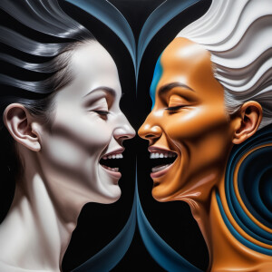 Hyper realistic, two faces looking at eachother, one face is lau...