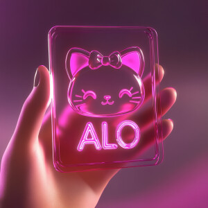 illustration,one hand holds  a glass holographic card with hello...