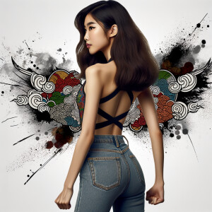 Attractive, Asian teenage girl, long brown hair and bangs, wearing tight skinny jeans and a halter top paint marks on her clothing, backside view heroic pose Asian graffiti