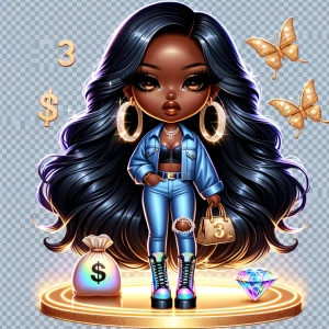 A high-resolution, ultra-glossy chibi-style African American wom...