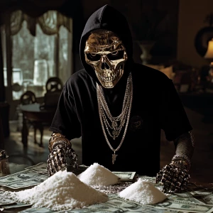 Cyborg's dressed in hip-hop clothing and half skull mask, wearin...