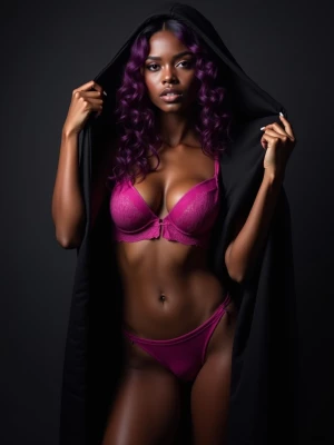 A mysterious dark brown skinned slim woman 23 years old with med...
