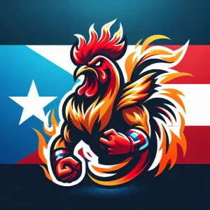 Create an image of a triumphant, fiercely enraged fighting roost...