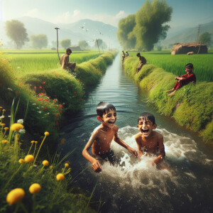 Pakistani villager boys taking bath in canal