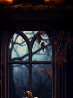 A hauntingly realistic image of a pumpkin resting on a windowsil...