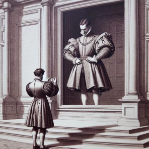 Photograph from 1520 of the back of a king standing outside of h...