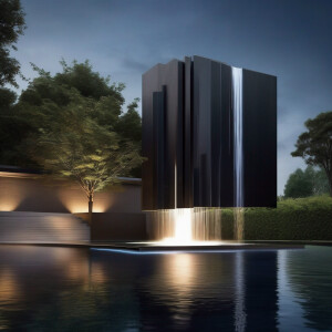 Imagine a mesmerizing floating fountain crafted from sleek black...