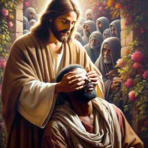 An oil painting depicting a biblical scene where Jesus, a Africa...