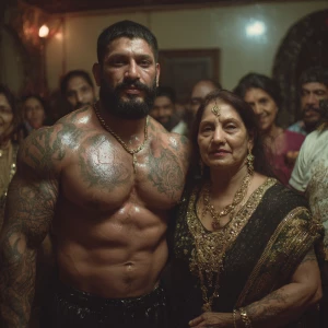 Realism,v6.a muscular beefy sweaty tattoed indian man enjoying w...