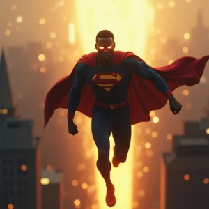 Create an image of a Nigerian superhero with glowing eyes dramat...