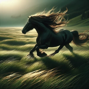 A horse gallops through an open meadow, its mane flowing in the...