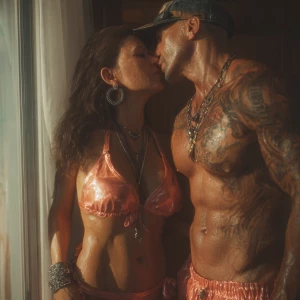 Hyperrealism ,a latin muscular beefy tattoed sweaty man kissin...