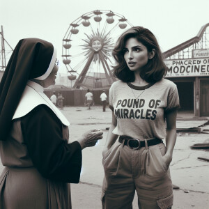 Create a film photograph of a beautiful, 23-year-old, brunette w...