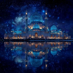 Create an image of a magnificent mosque featuring radiant blue d...
