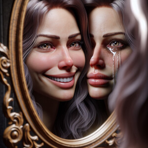 A hyper-realistic image of a woman gazing into a vintage mirror,...