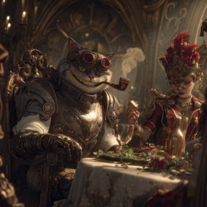 A realistic steampunk fantasy scene, ultra-detailed: the Cheshir...