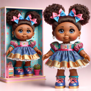 Design a 3-D realistic original African-American Cabbage Patch doll. She has on a blue pink and gold dress with matching booties. She has pink and blue bows in her hair. she lives inside of a colorful dollhouse. She has freckles and big dimples.