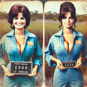 Generate a faded film photograph from 1973 in the Everglades. Tw...