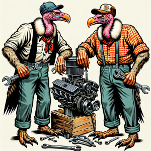 Mr and Mrs Vinny the Vulture wearing redneck clothing, standing,...