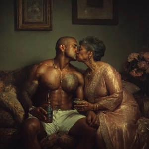 Realism,photo  painting.a muscular beefy sweaty tattoed indian m...