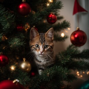 El gato trepa al árbol de Navidad, tratando de alcanzar la bola...