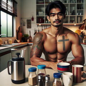 The image depicts a shirtless man seated at a table indoors, lik...