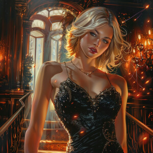 A stunning blonde woman in an evening dress dashing out of a man...