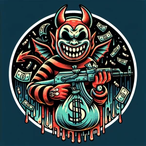 Design a cartoon-style circular logo featuring a cheeky demon we...