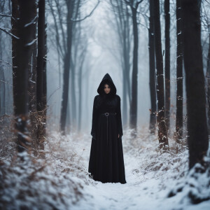 Black hood beautiful witch in the middle of snowy forest