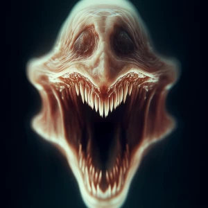 Surreal close-up photograph of a alien face where the mouth is t...