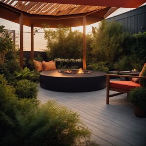 Design a modern rooftop garden that includes a gazebo, barbecue...
