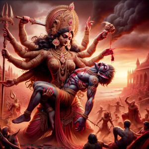 Portrait of angry and gorgeous goddess durga slaying mahishasur...