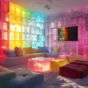 A cozy, futuristic living room made entirely of ice blocks in va...